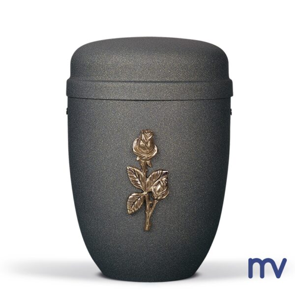 Morivita - Stalen urne in mat grijs antraciet met een rozenmotief in messing