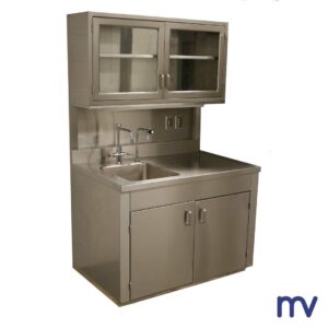 Morivita totaalinrichting technische ruimte funerarium - Werktafel met spoelbak en kastjes - Spoelbak met werktafel en kastjes -Table en INOX avec évier et armoires