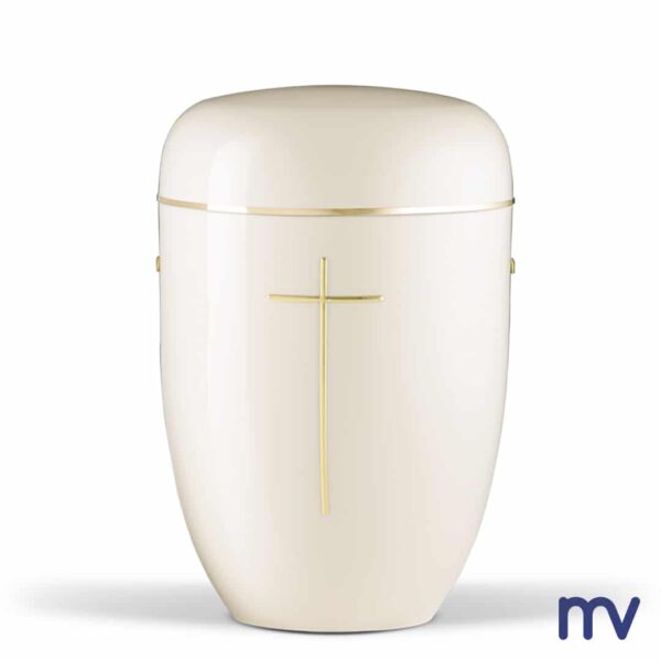 Morivita - urne in crèmewit met gouden kruis en gouden lint