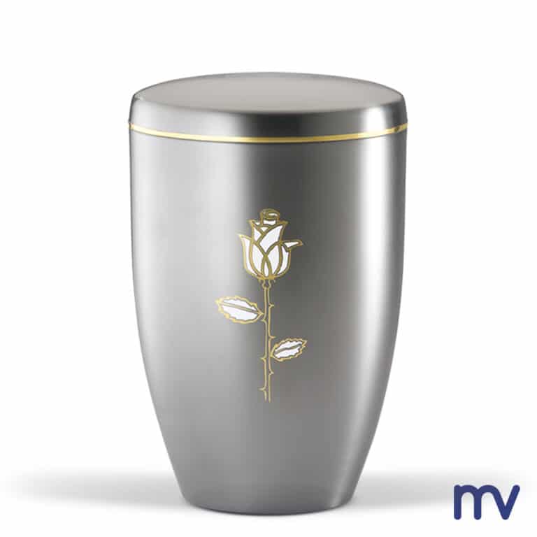 Morivita - stalen urne in witgoud glanzend kleur met gouden lint en roos