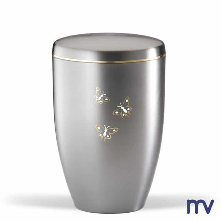 Morivita - Metalen urne in metaalkleur met vlinders en gouden lint