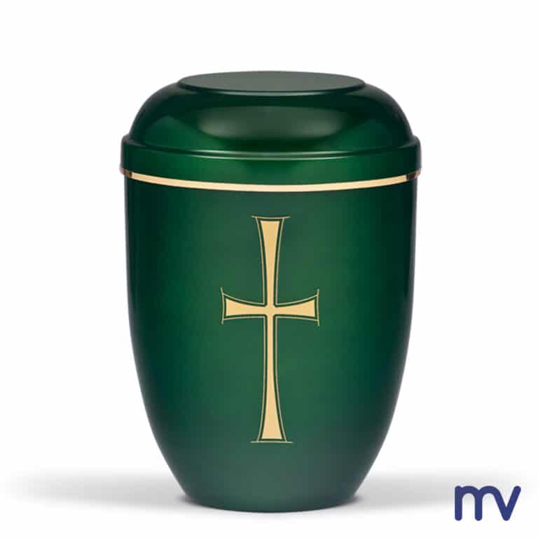 Morivita - Urne in mosgroen met gouden lint en gouden kruis