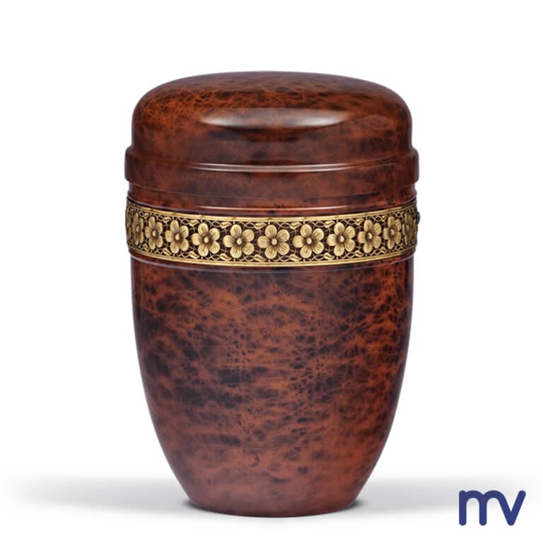 Morivita - stalen urne in koperkleur gebloemd met sierband