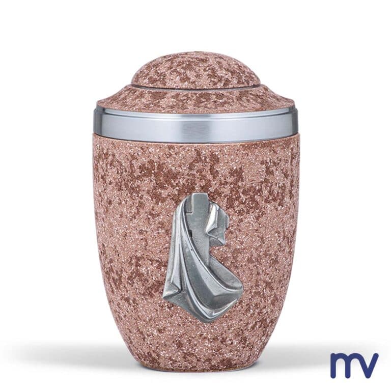 Morivita urnes - Stalen urn, marmorietrood, tin. Cross doek