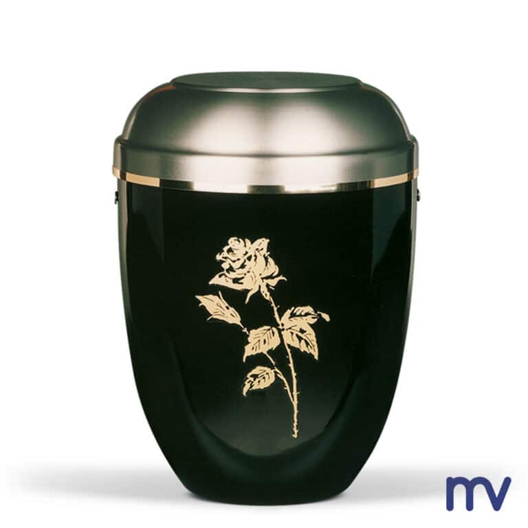 Morivita - Stalen urn, zwart, tin. Deksel goud rose, gouden lint