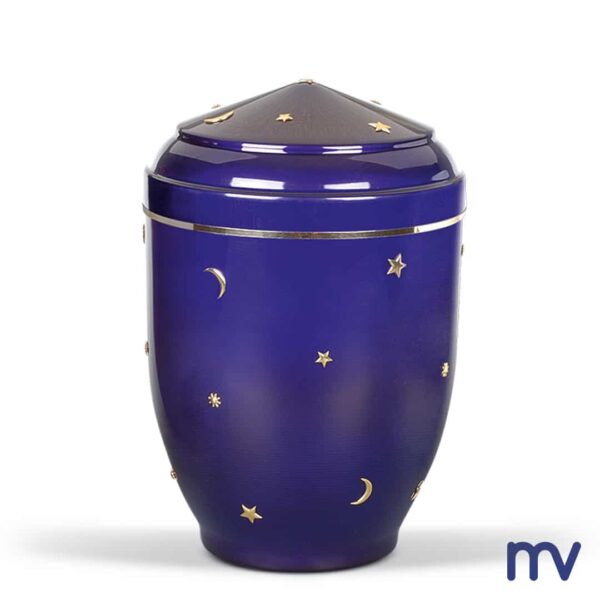 Urne en acier | Petite urne | Bleu cobalt | Ruban d’or, soleil, lune, étoiles