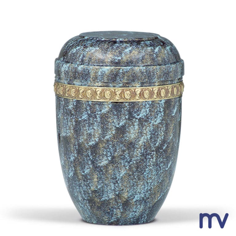 Morivita - Stalen urn, blauwgoud, handgepatineerd, - Rose lint