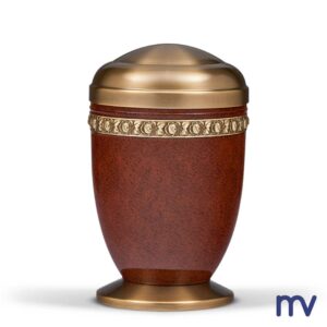 Morivita -urne-en-acier-bois-de-loupe-patine-ruban-rose-en-laiton-base-en-laiton