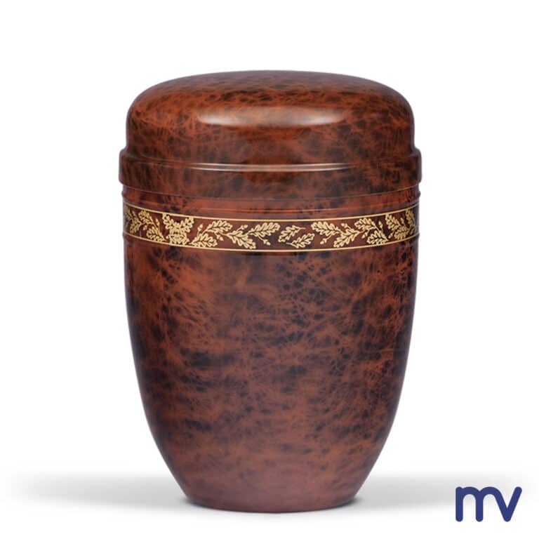 Morivita - Stalen urnes - Stalen urn, wortelnotenhout design, eikenblad decor