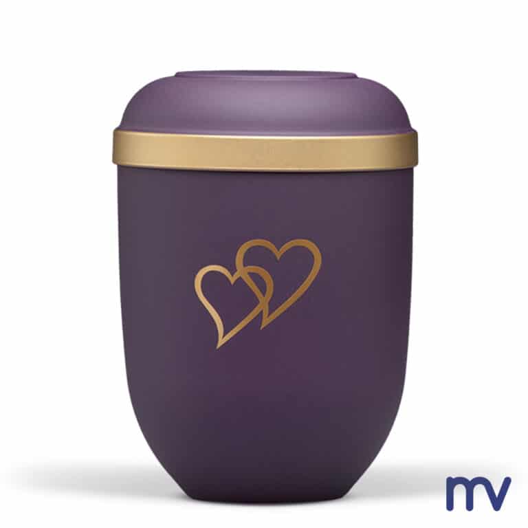 Morivita - Bio urne - Natuurlijke stof urn, violet, gouden rand en decoratieve gouden hartjes.