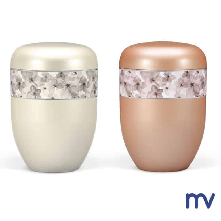 Morivita - Bio urnes - Urn van natuurlijk materiaal, abrikoos, decoratief lint bloemen.