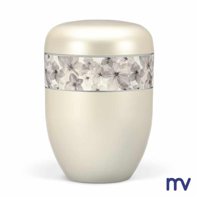Morivita - bio-urne-urne-en-materiau-naturel-nacre-blanche-creme-fleurs-decoratives-en-ruban
