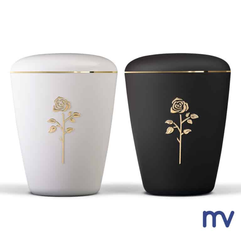 Bio Urne | Natuurlijke urn | Roomwit of Zwart | Roos in Goud | Gouden lint