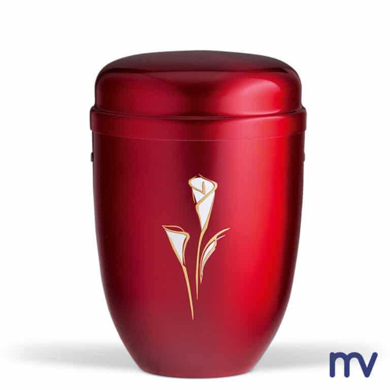 Morivita - Stalen urn, wijnrood, calla goud / wit