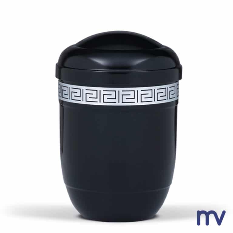 Morivita - Stalen urn, zwart, meander sierrand zilver-urne-en-acier-noir-bordure-decorative-meandre-argent