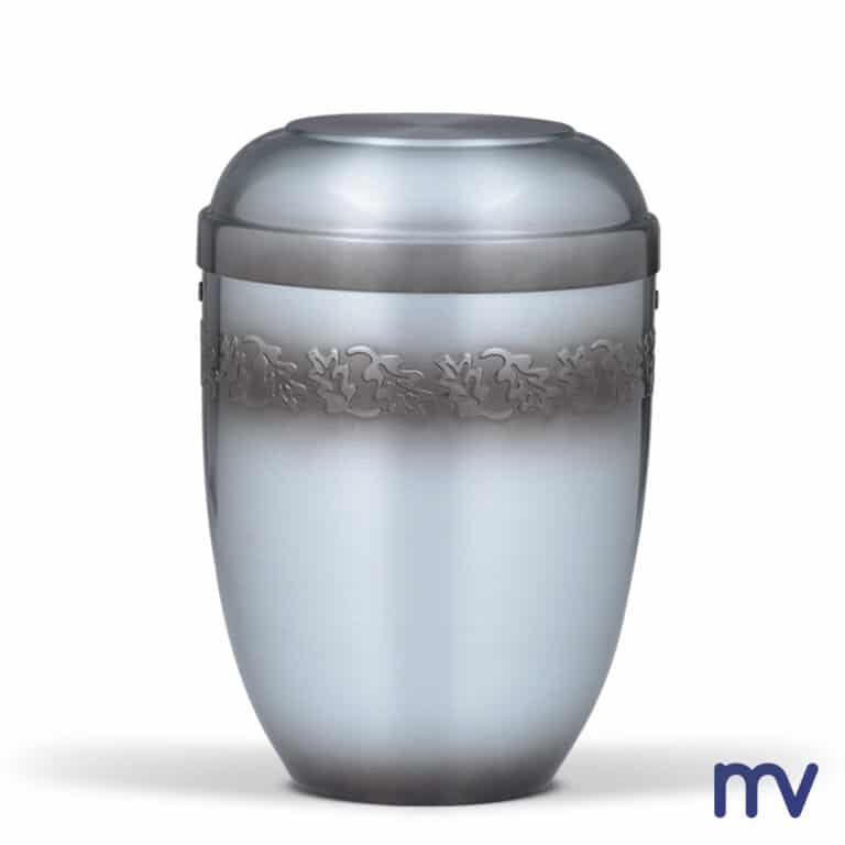 Morivita - Stalen urn, tinkleurig, gepatineerd eikenblad in reliëf-urne-en-acier-couleur-etain-gaufrage-feuille-de-chene-patine