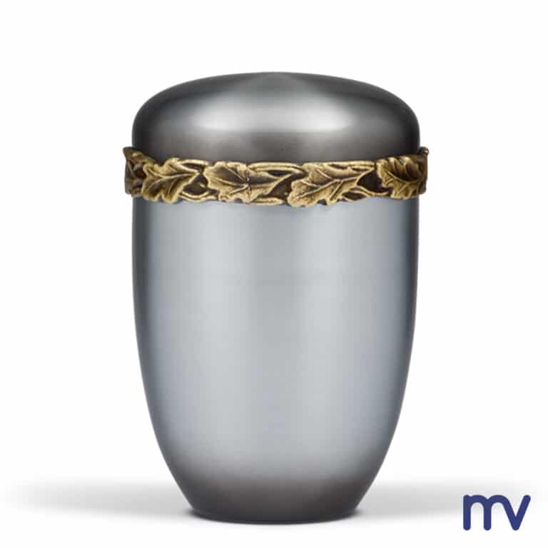 Morivita - Stalen urn ZIHESTA, eikenbladfries, patina