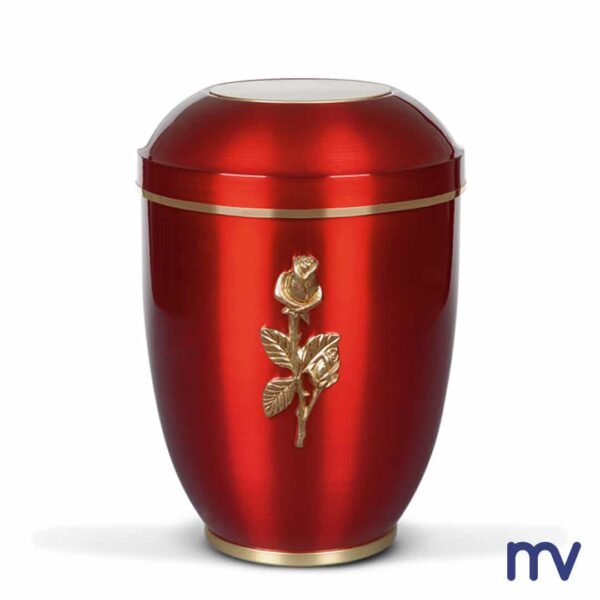 Morivita - Stalen urn, wijnrood, gouden linten.Urne en acier, vin rouge. Rosier.