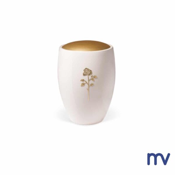 Morivita - Kermische urne in wit met roos in goud - Urne en céramique avec rosier en or
