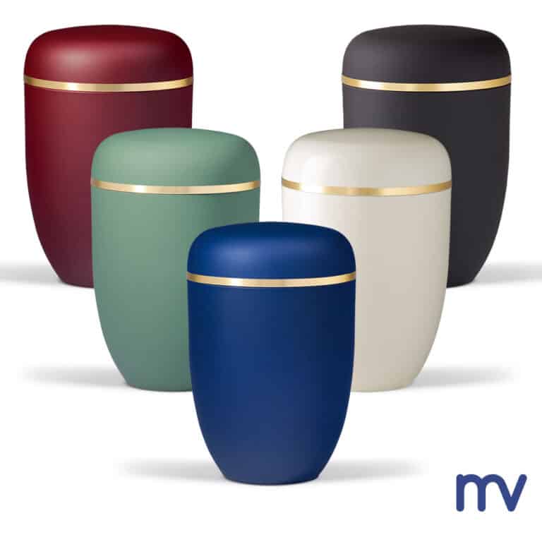 Strakke stalen urne verkrijgbaar in mat saffierblauw geborsteld, mat Olijfgroen, mat Wijnrood, roomwit, antraciet